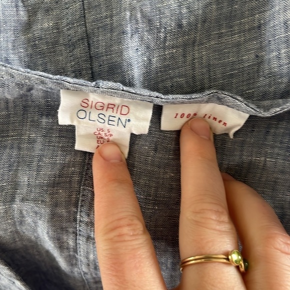 Sigrid Olsen 100% Linen Button Up 3/4 Sleeve Oversized Blouse Chambray Blue - Picture 9 of 11
